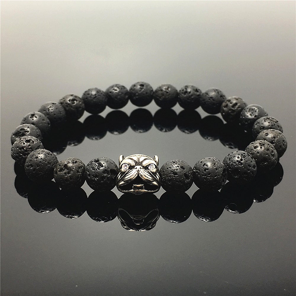 Natural Lava Stone Beaded Gemstone Bracelet American Bully Pitbull Charm Jewelry