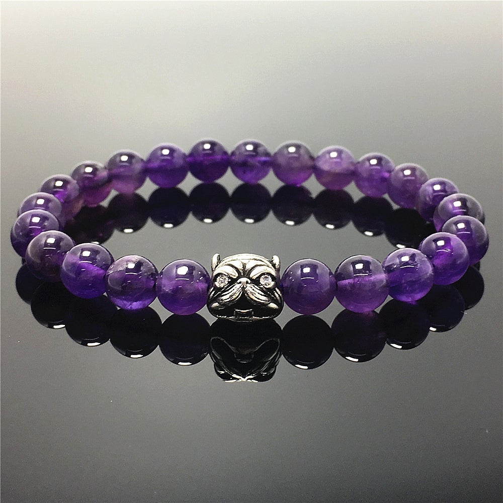 Natural Purple Amethyst Beaded Gemstone Bracelet American Bully Pitbull Charm Jewelry