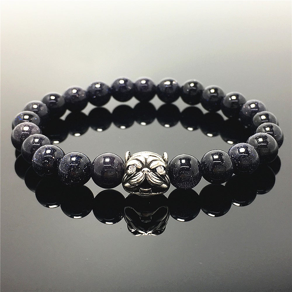 Natural Blue Sandstone Beaded Gemstone Bracelet American Bully Pitbull Charm Jewelry