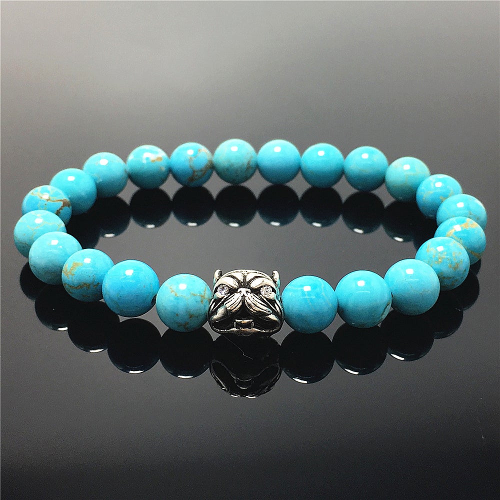 Natural Blue Turquoise Beaded Gemstone Bracelet American Bully Pitbull Charm Jewelry