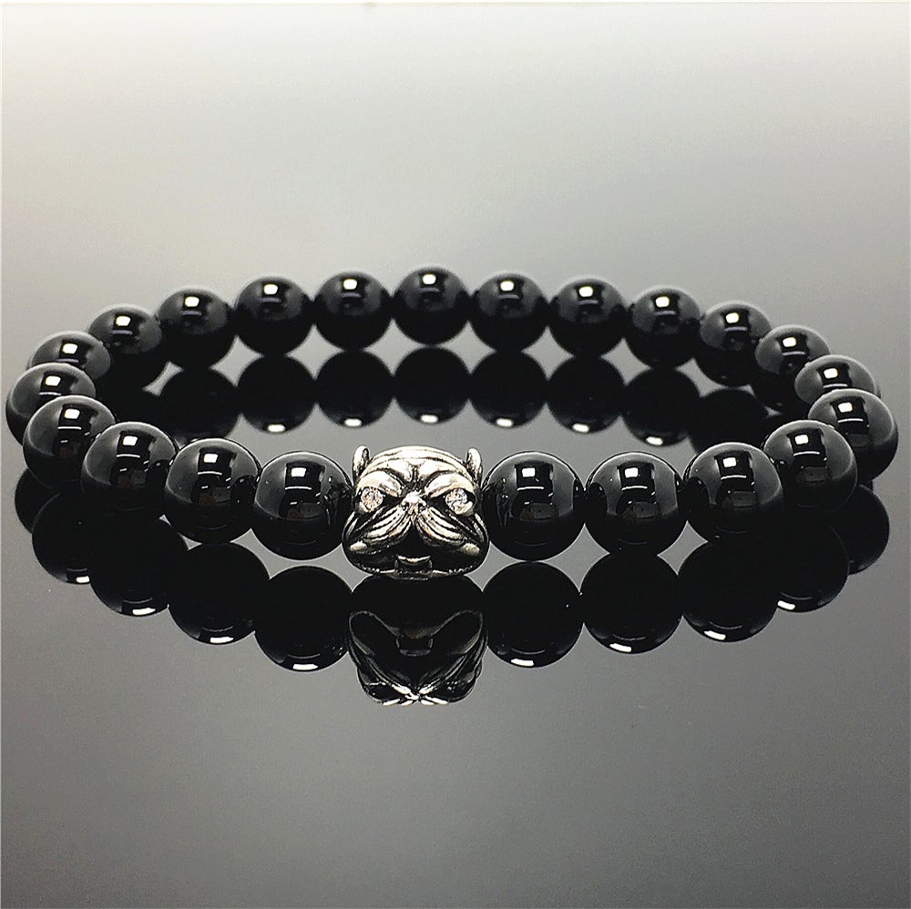 Natural Black Onyx Beaded Gemstone Bracelet American Bully Pitbull Charm Jewelry