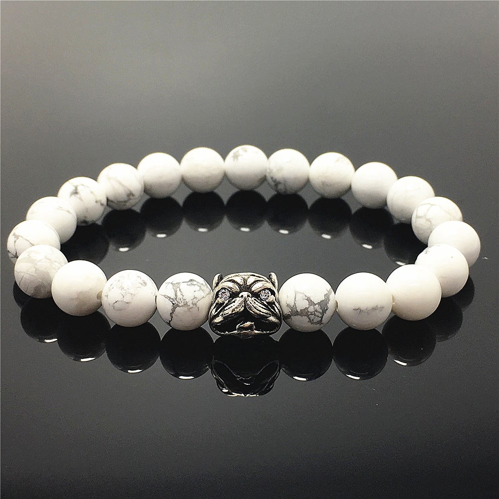 Natural Howlite Beaded Gemstone Bracelet American Bully Pitbull Charm Jewelry