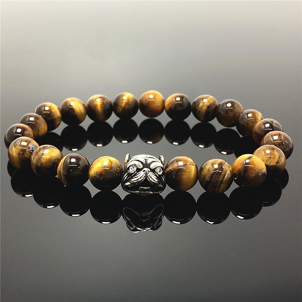 Natural Tiger Eyes Beaded Gemstone Bracelet American Bully Pitbull Charm Jewelry