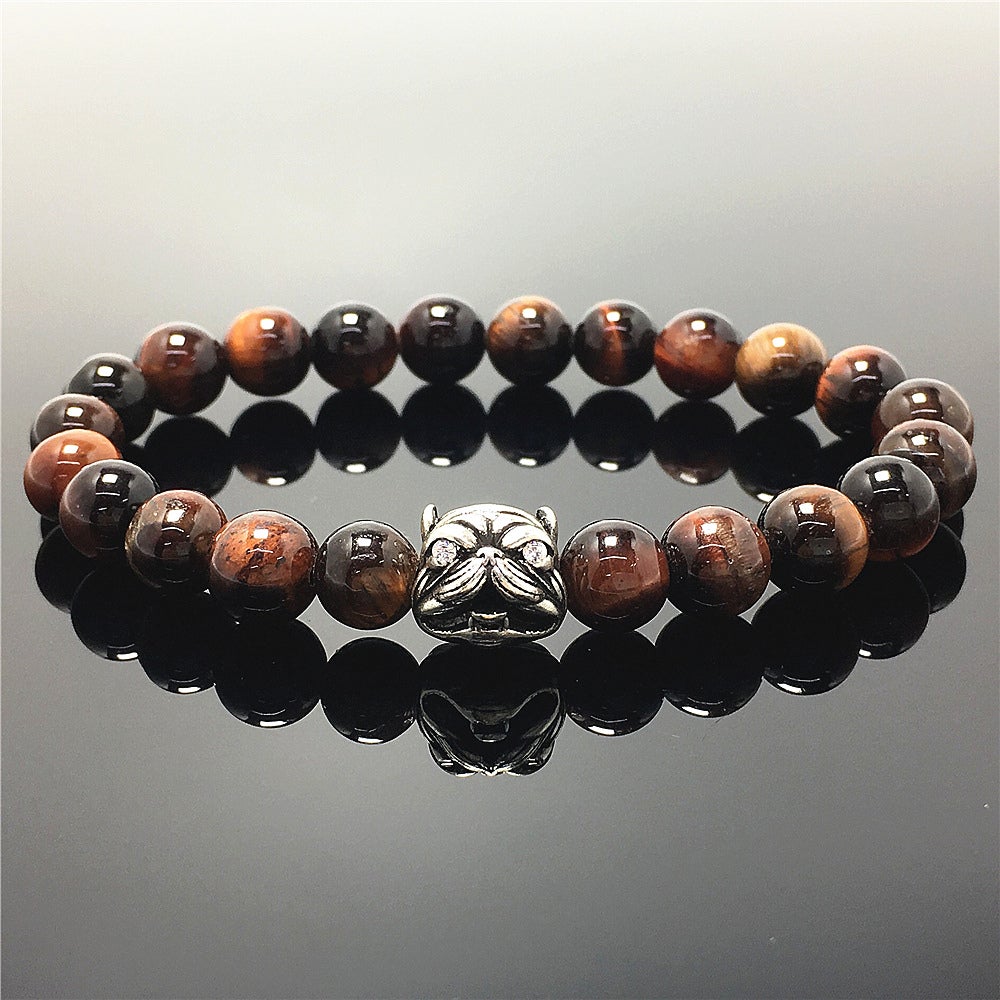 Natural Red Tiger Eye Beaded Gemstone Bracelet American Bully Pitbull Charm Jewelry