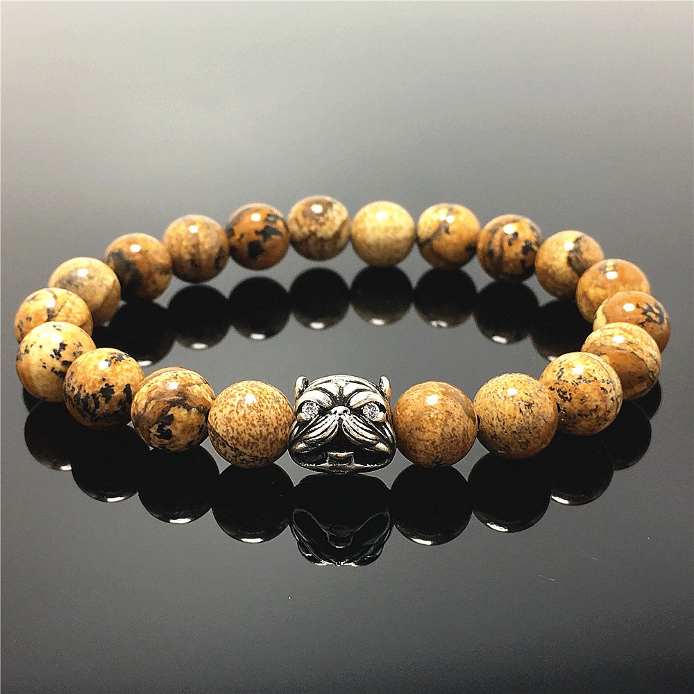 Natural Picture Jasper Stone Beaded Bracelet American Bully Pitbull Charm Jewelry