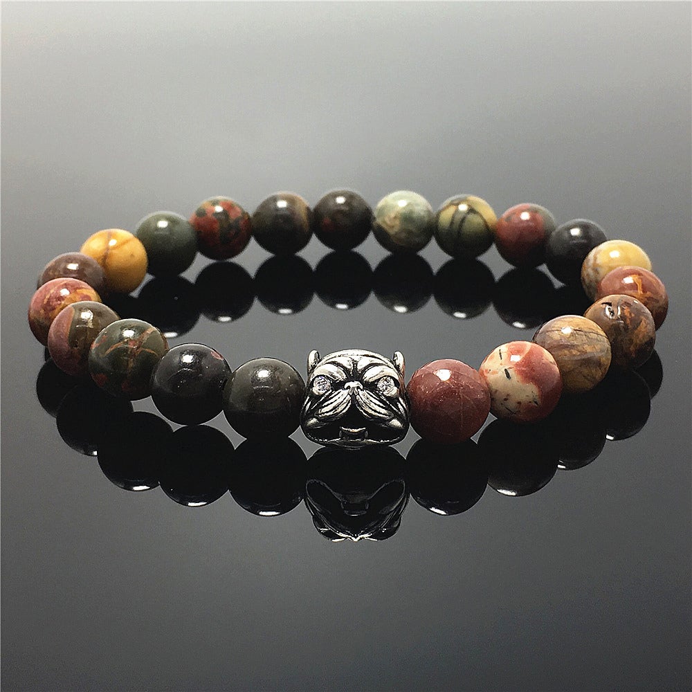 Natural Picasso Jasper Beaded Gemstone Bracelet American Bully Pitbull Charm Jewelry