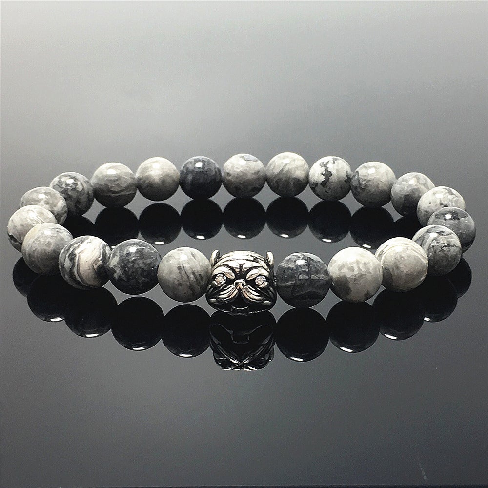 Natural Map Stone Beaded Gemstone Bracelet American Bully Pitbull Charm Jewelry