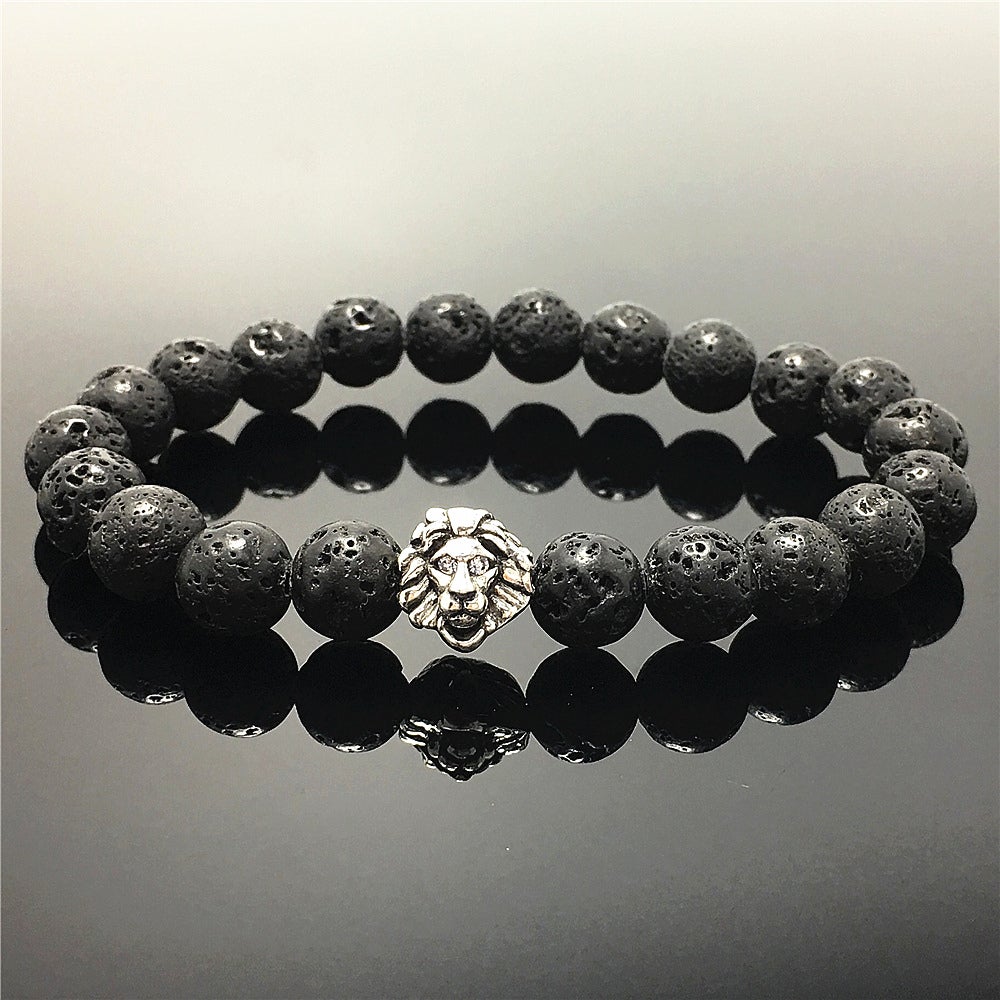 Natural Lava Stone Beaded Bracelet Elastic Adjustable Gemstone Bracelet Lion Style