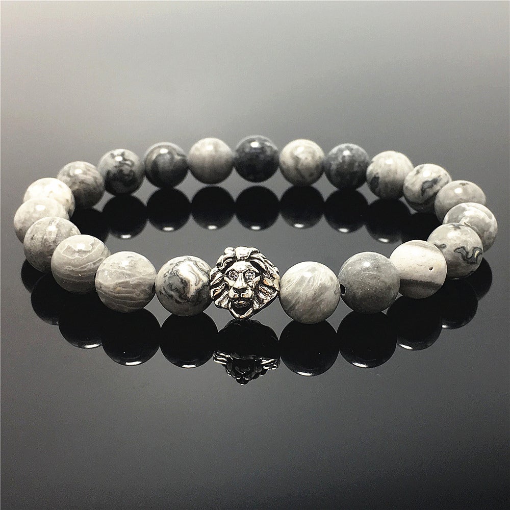 Natural Map Stone Beaded Bracelet Elastic Adjustable Gemstone Bracelet Lion Style