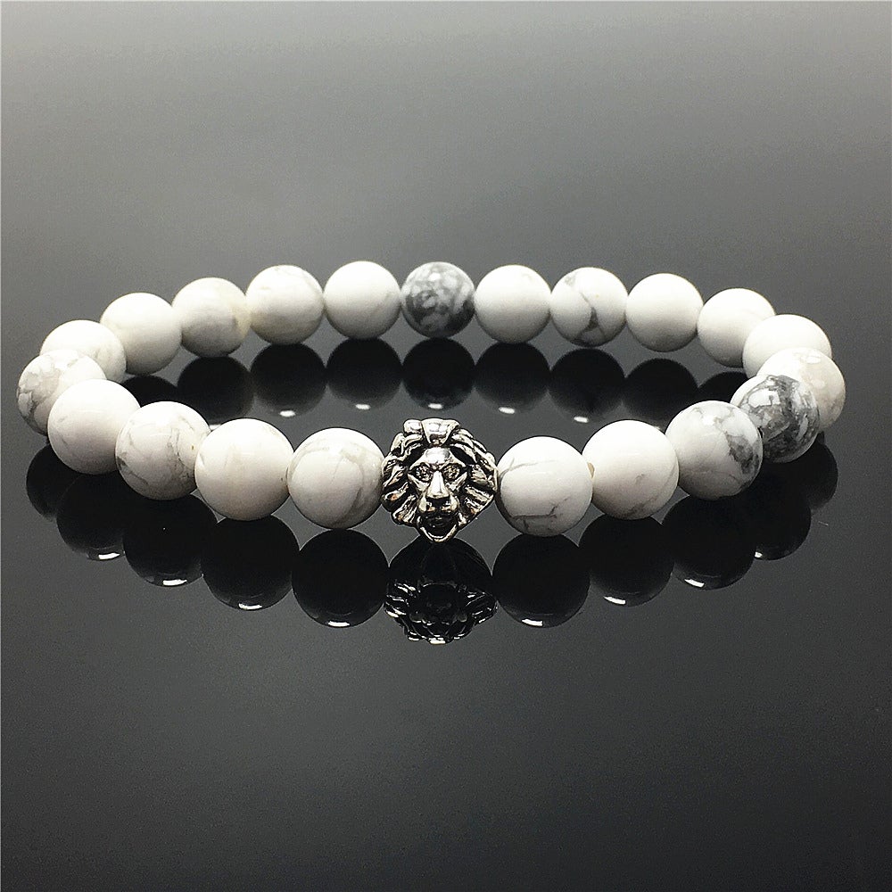 Natural Howlite Beaded Bracelet Elastic Adjustable Gemstone Bracelet Lion Style