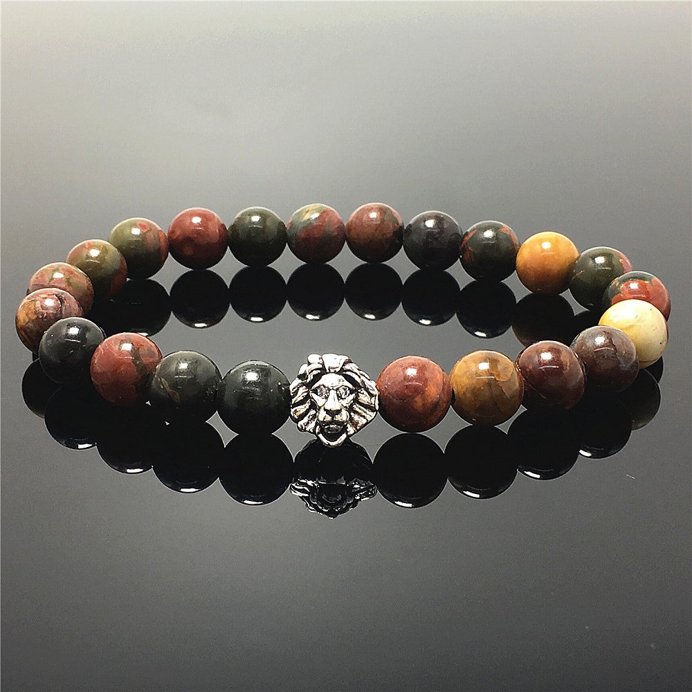 Natural Picasso Jasper Beaded Bracelet Elastic Adjustable Gemstone Bracelet Lion Style