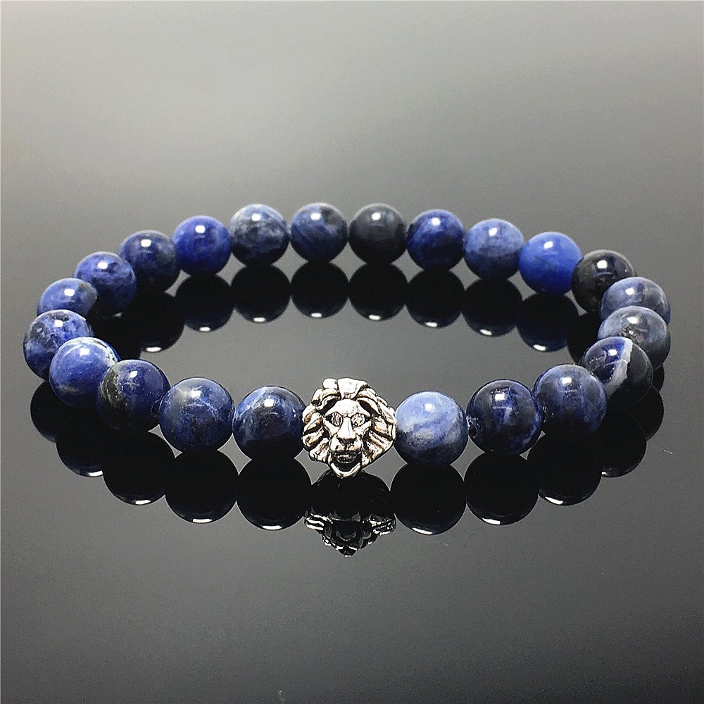 Natural Blue Sodalite Beaded Bracelet Elastic Adjustable Gemstone Bracelet Lion Style