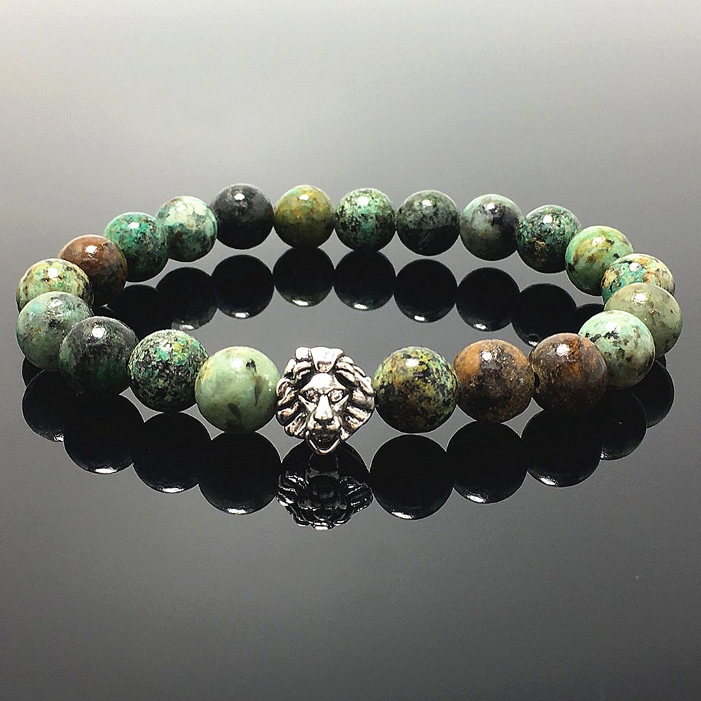 Natural African Turquoise Beaded Bracelet Elastic Adjustable Gemstone Bracelet Lion Style