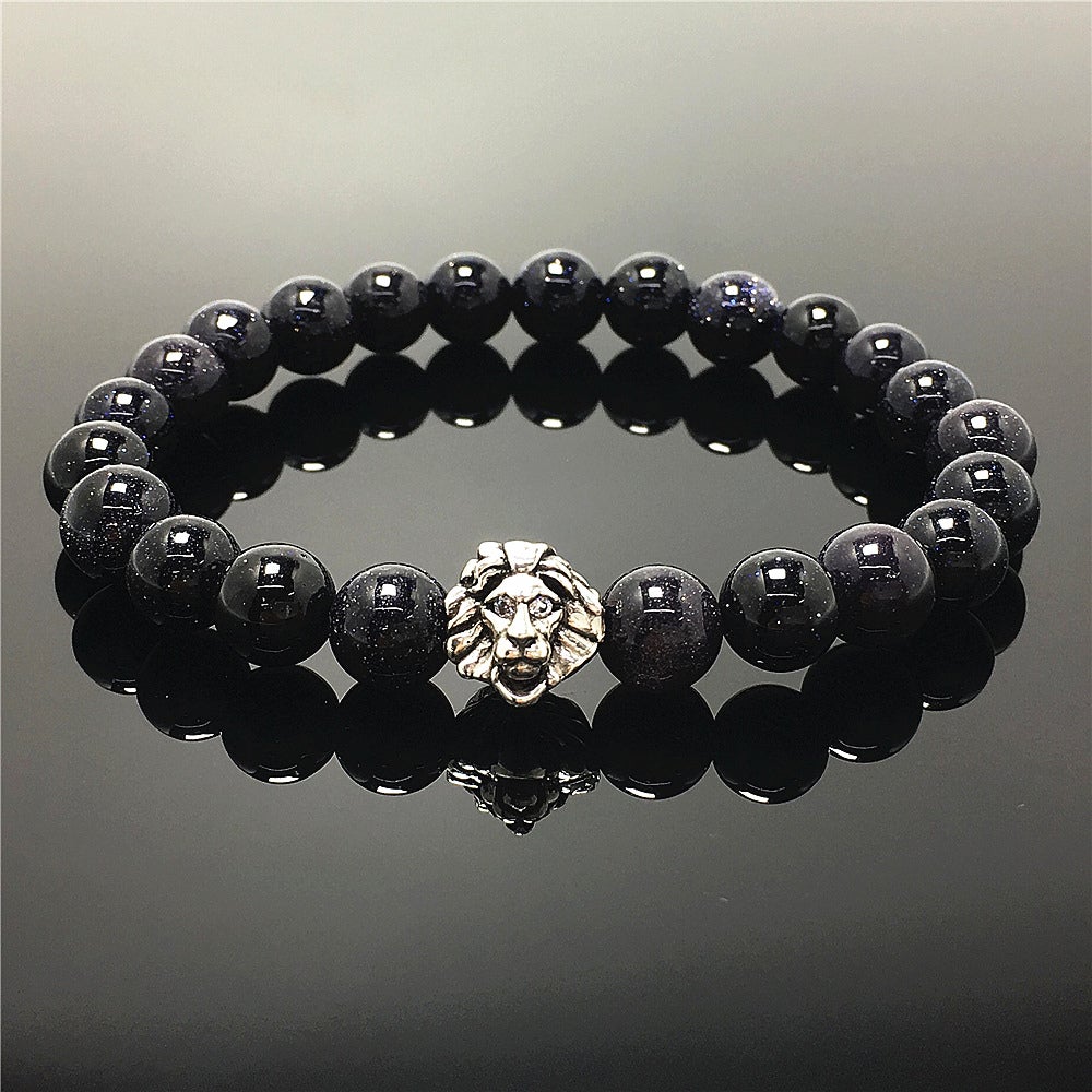 Blue Sandstone Beaded Bracelet Elastic Adjustable Gemstone Bracelet Lion Style
