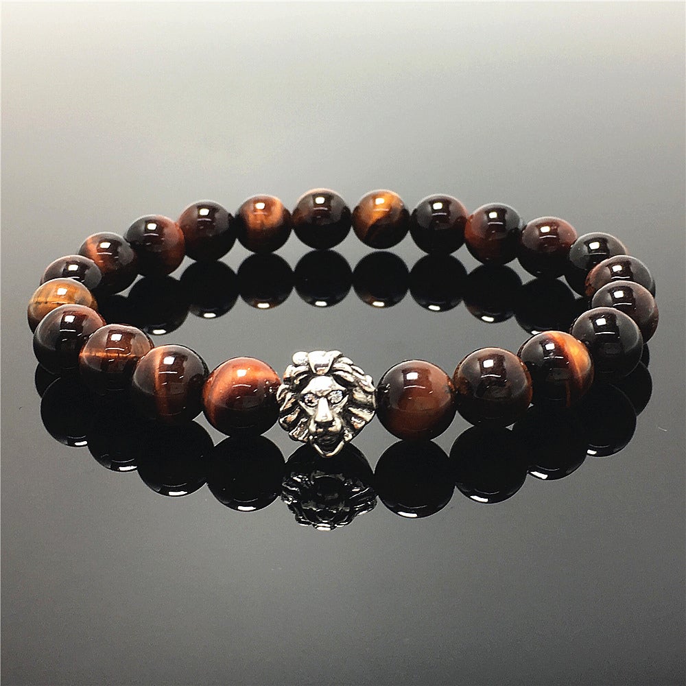 Natural Red Tiger Eyes Beaded Bracelet Elastic Adjustable Gemstone Bracelet Lion Style