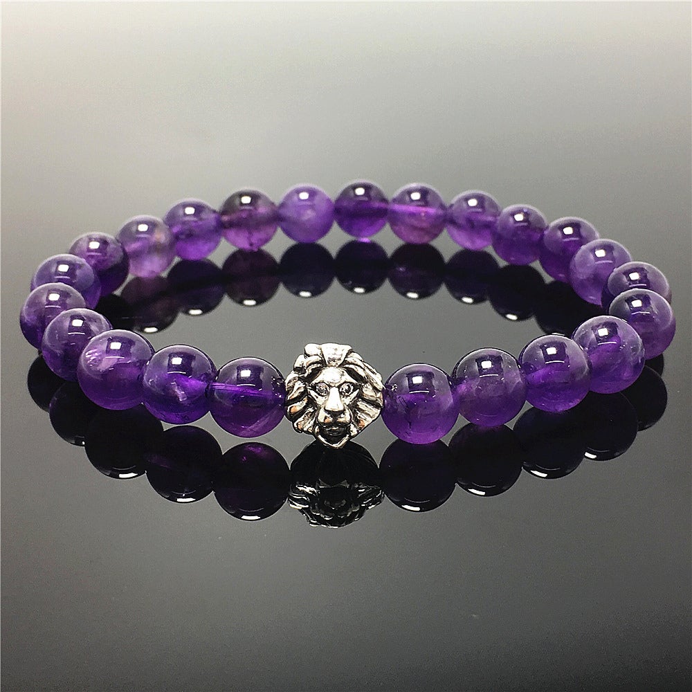 Natural Amethyst Beaded Bracelet Elastic Adjustable Gemstone Bracelet Lion Style