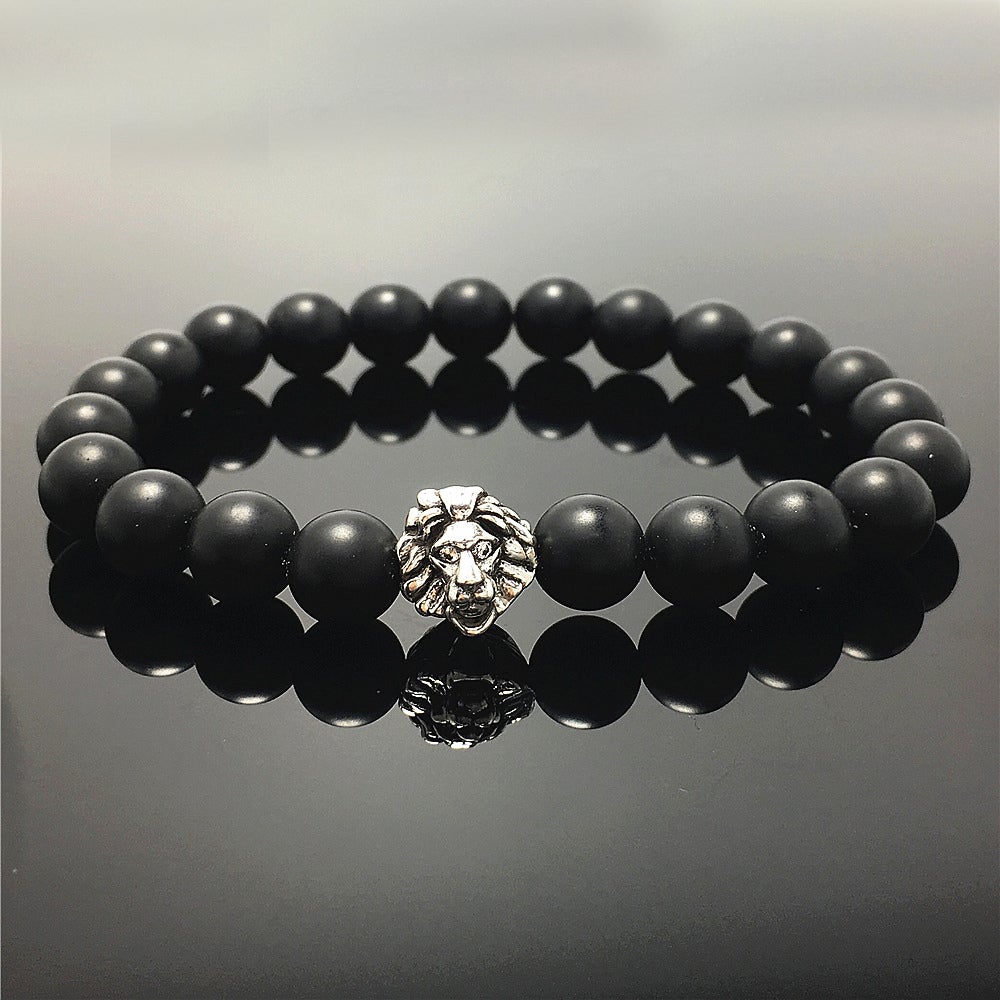 Natural Matte Onyx Beaded Bracelet Elastic Adjustable Gemstone Bracelet Lion Style
