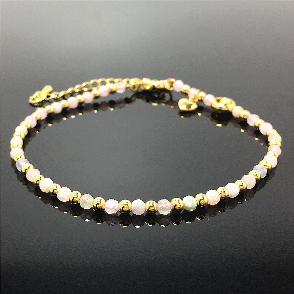 Morganite Gemstone Adjustable Bracelet Tiny Beads Gemstone Bracelet with Love Heart Charm