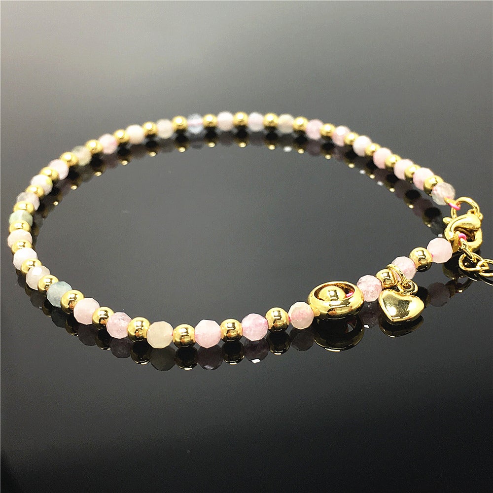 Morganite Gemstone Adjustable Bracelet Tiny Beads Gemstone Bracelet with Love Heart Charm