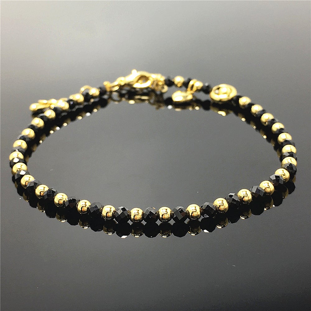 Natural Black Spinel Gemstone Adjustable Bracelet Tiny Beads Gemstone Bracelet with Love Heart Charm