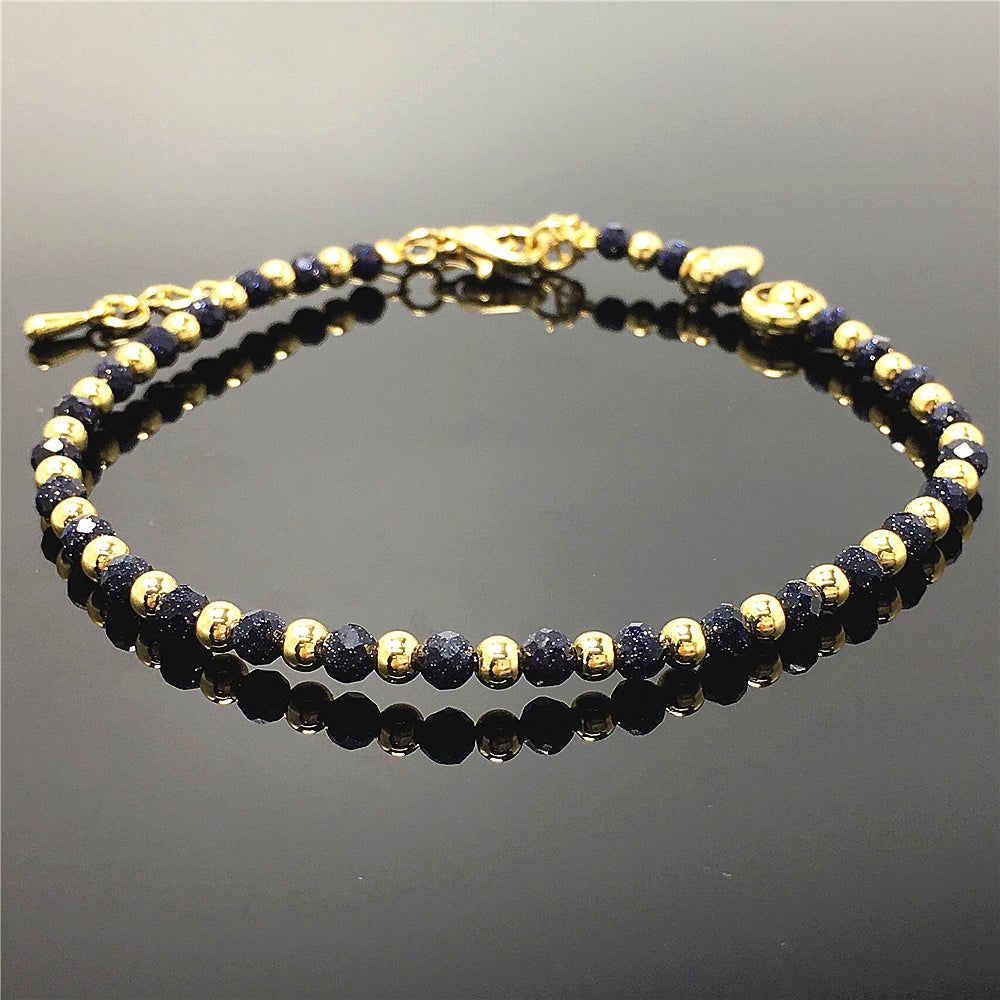 Blue Sandstone Gemstone Adjustable Bracelet Tiny Beads Gemstone Bracelet with Love Heart Charm
