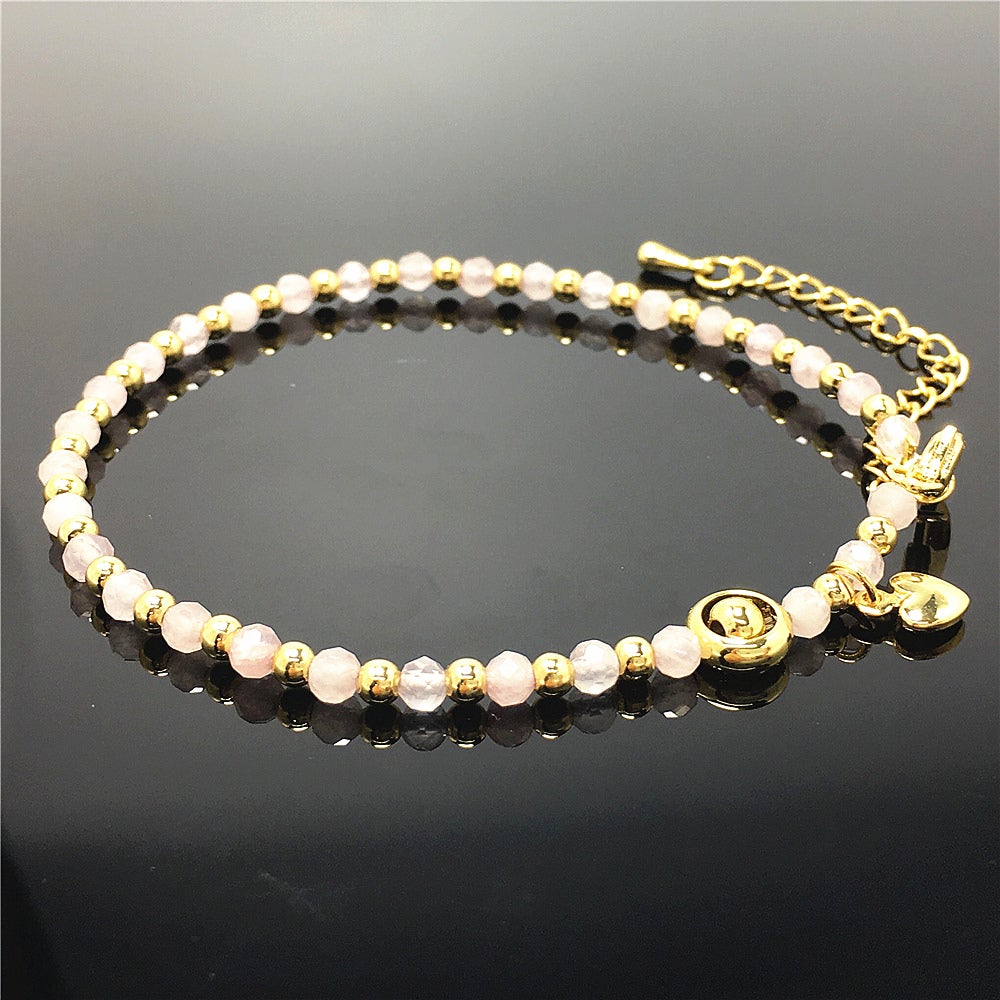 Pink Rose Quartz Gemstone Adjustable Bracelet Tiny Beads Gemstone Bracelet with Love Heart Charm