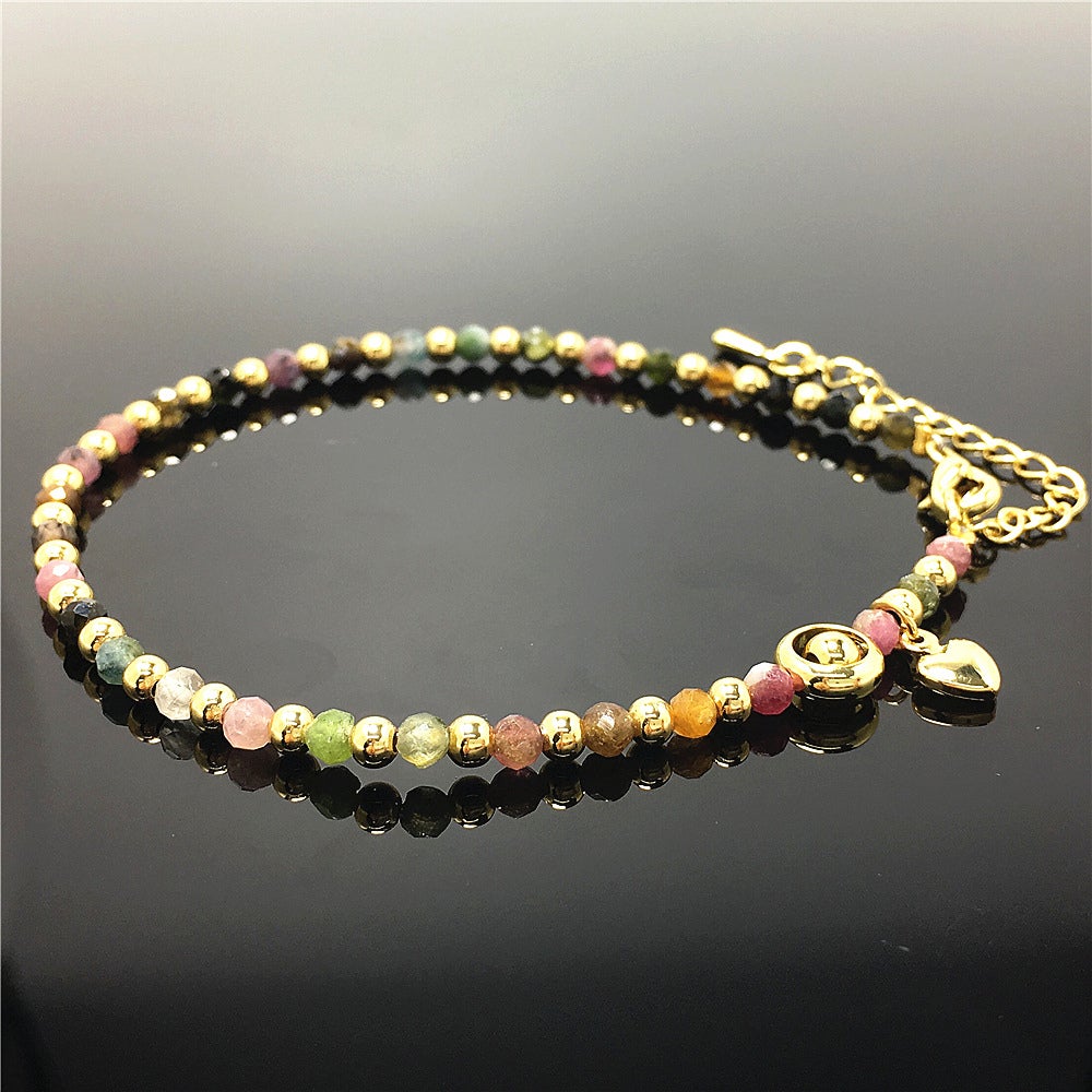 Tourmaline Gemstone Adjustable Bracelet Tiny Beads Gemstone Bracelet with Love Heart Charm