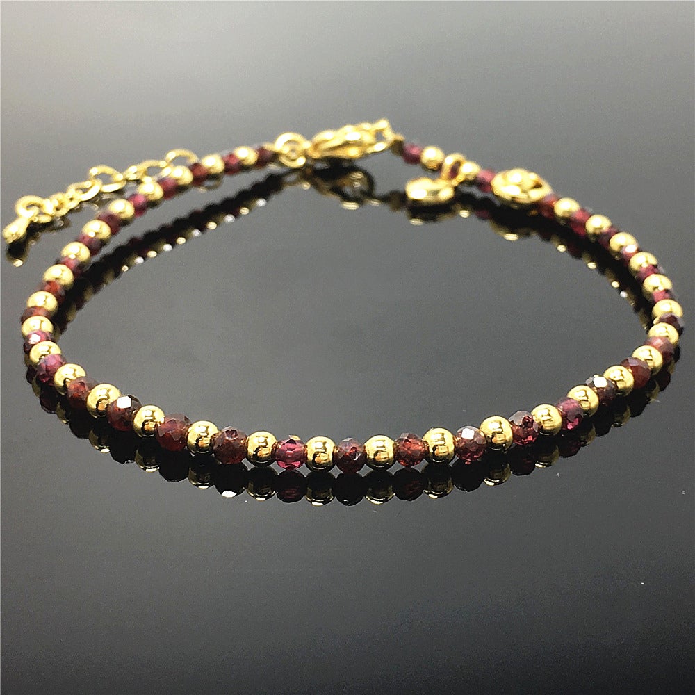 Red Garnet Gemstone Adjustable Bracelet Tiny Beads Gemstone Bracelet with Love Heart Charm
