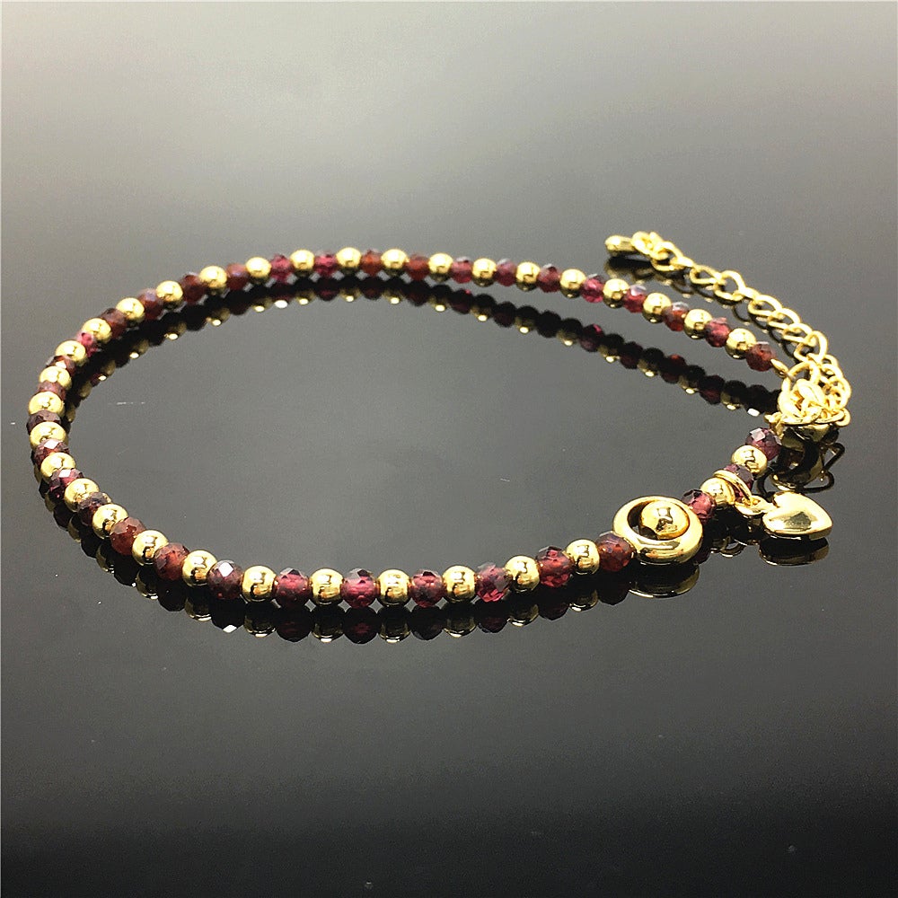Red Garnet Gemstone Adjustable Bracelet Tiny Beads Gemstone Bracelet with Love Heart Charm