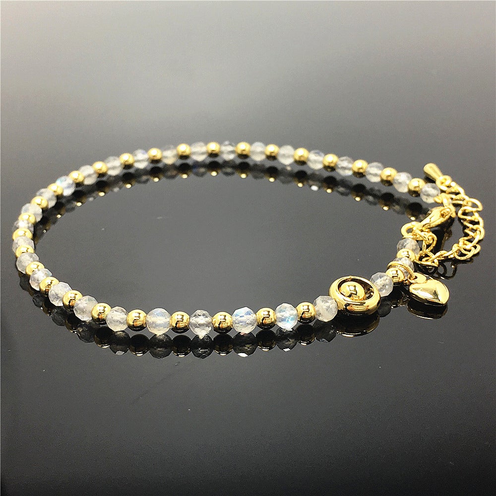 Labradorite Gemstone Adjustable Bracelet Tiny Beads Gemstone Bracelet with Love Heart Charm