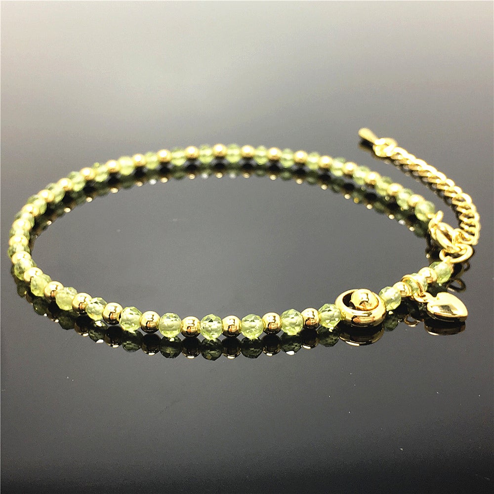 Peridot Gemstone Adjustable Bracelet Tiny Beads Gemstone Bracelet with Love Heart Charm
