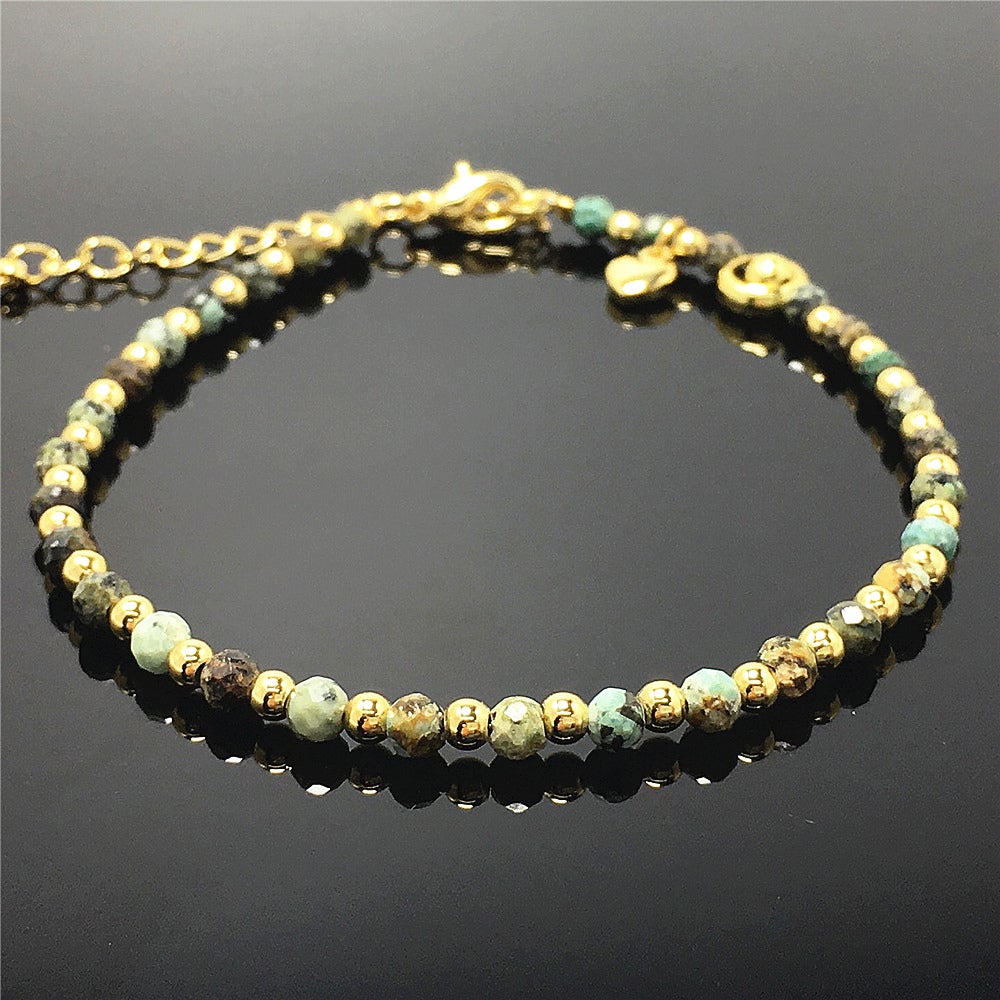 African Turquoise Gemstone Adjustable Bracelet Tiny Beads Gemstone Bracelet with Love Heart Charm