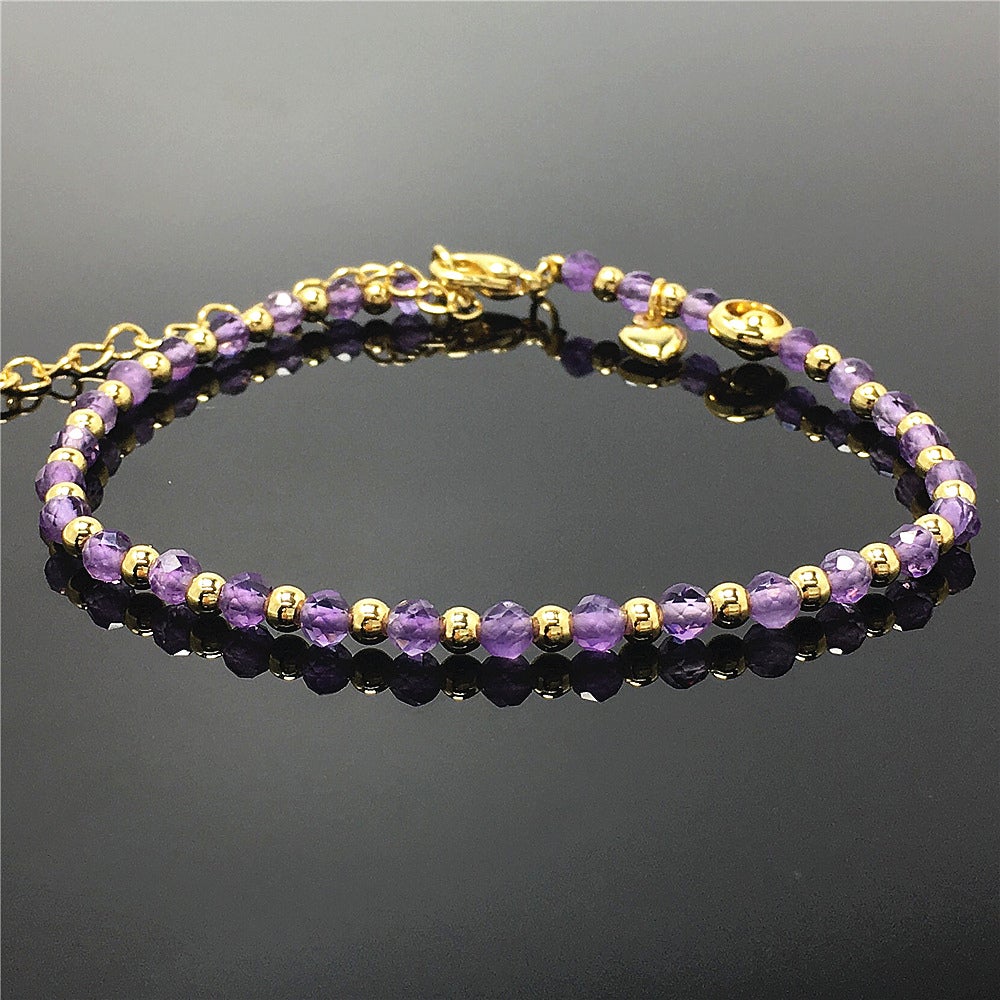 Amethyst Gemstone Adjustable Bracelet Tiny Beads Gemstone Bracelet with Love Heart Charm