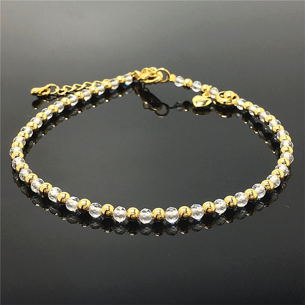 Clear Quartz Gemstone Adjustable Bracelet Tiny Beads Gemstone Bracelet with Love Heart Charm