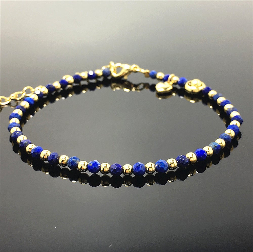 Lapis Lazuli Gemstone Adjustable Bracelet Tiny Beads Gemstone Bracelet with Love Heart Charm
