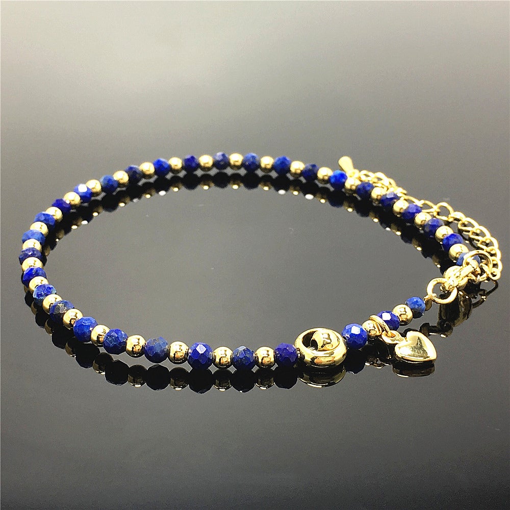 Lapis Lazuli Gemstone Adjustable Bracelet Tiny Beads Gemstone Bracelet with Love Heart Charm