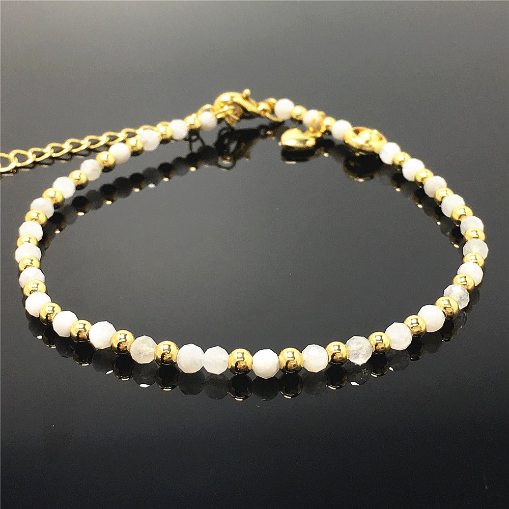 Moonstone Gemstone Adjustable Bracelet Tiny Beads Gemstone Bracelet with Love Heart Charm
