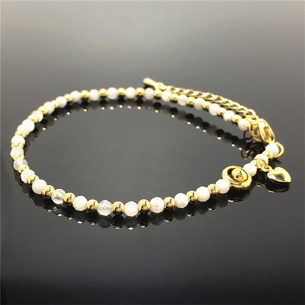 Moonstone Gemstone Adjustable Bracelet Tiny Beads Gemstone Bracelet with Love Heart Charm