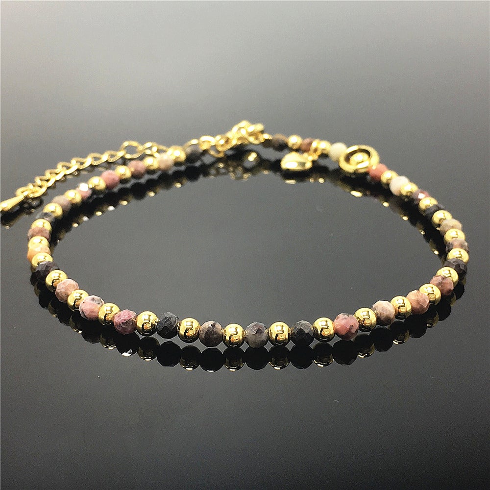 Pink Rhodonite Gemstone Adjustable Bracelet Tiny Beads Gemstone Bracelet with Love Heart Charm