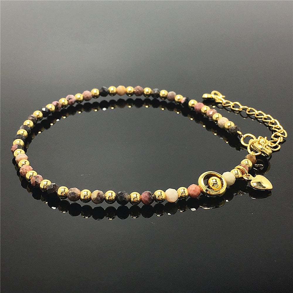 Pink Rhodonite Gemstone Adjustable Bracelet Tiny Beads Gemstone Bracelet with Love Heart Charm