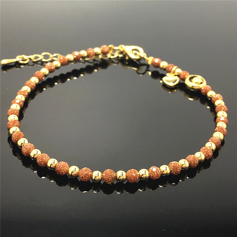 Gold Sandstone Gemstone Adjustable Bracelet Tiny Beads Gemstone Bracelet with Love Heart Charm