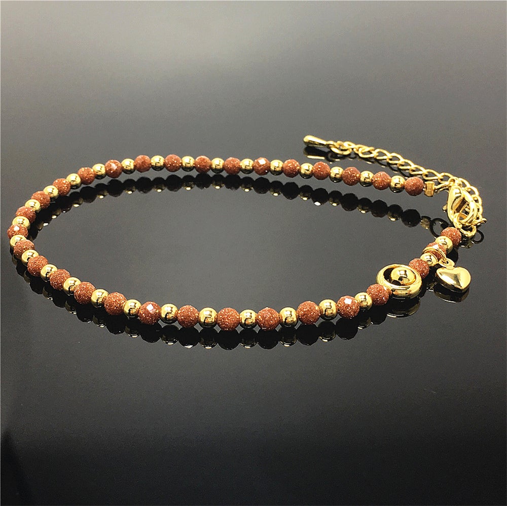 Gold Sandstone Gemstone Adjustable Bracelet Tiny Beads Gemstone Bracelet with Love Heart Charm