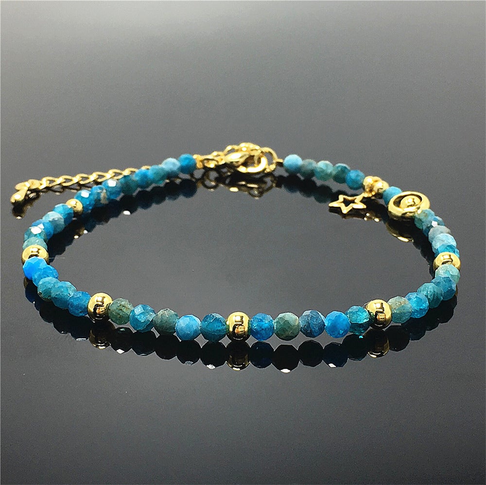Blue Apatite Gemstone Adjustable Tiny Beads Gemstone Bracelet with Love Heart Charm