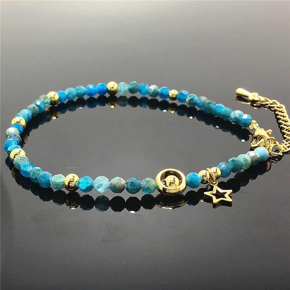 Blue Apatite Gemstone Adjustable Tiny Beads Gemstone Bracelet with Love Heart Charm