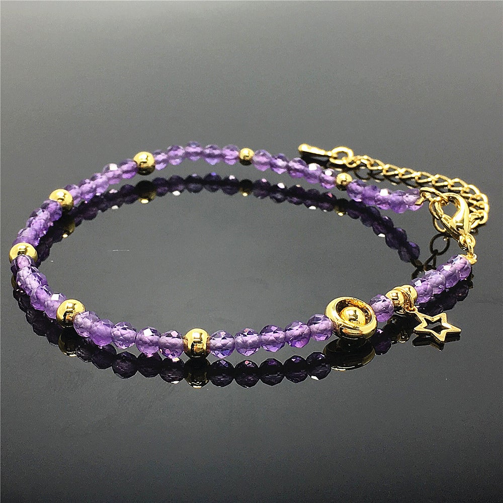 Amethyst Gemstone Adjustable Tiny Beads Gemstone Bracelet with Love Heart Charm