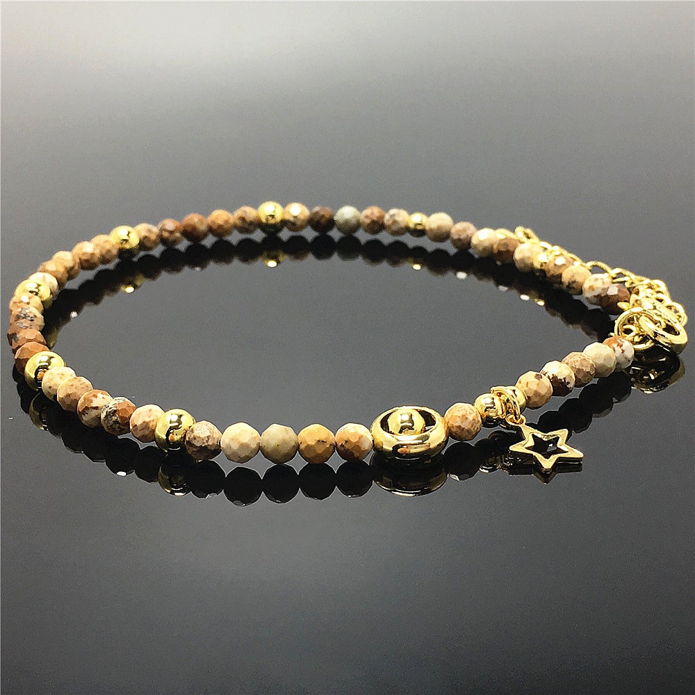 Picture Jasper Gemstone Adjustable Tiny Beads Gemstone Bracelet with Love Heart Charm