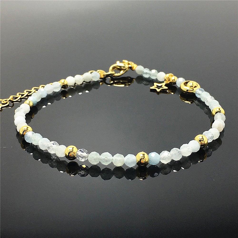 Aquamarine Gemstone Adjustable Tiny Beads Gemstone Bracelet with Love Heart Charm