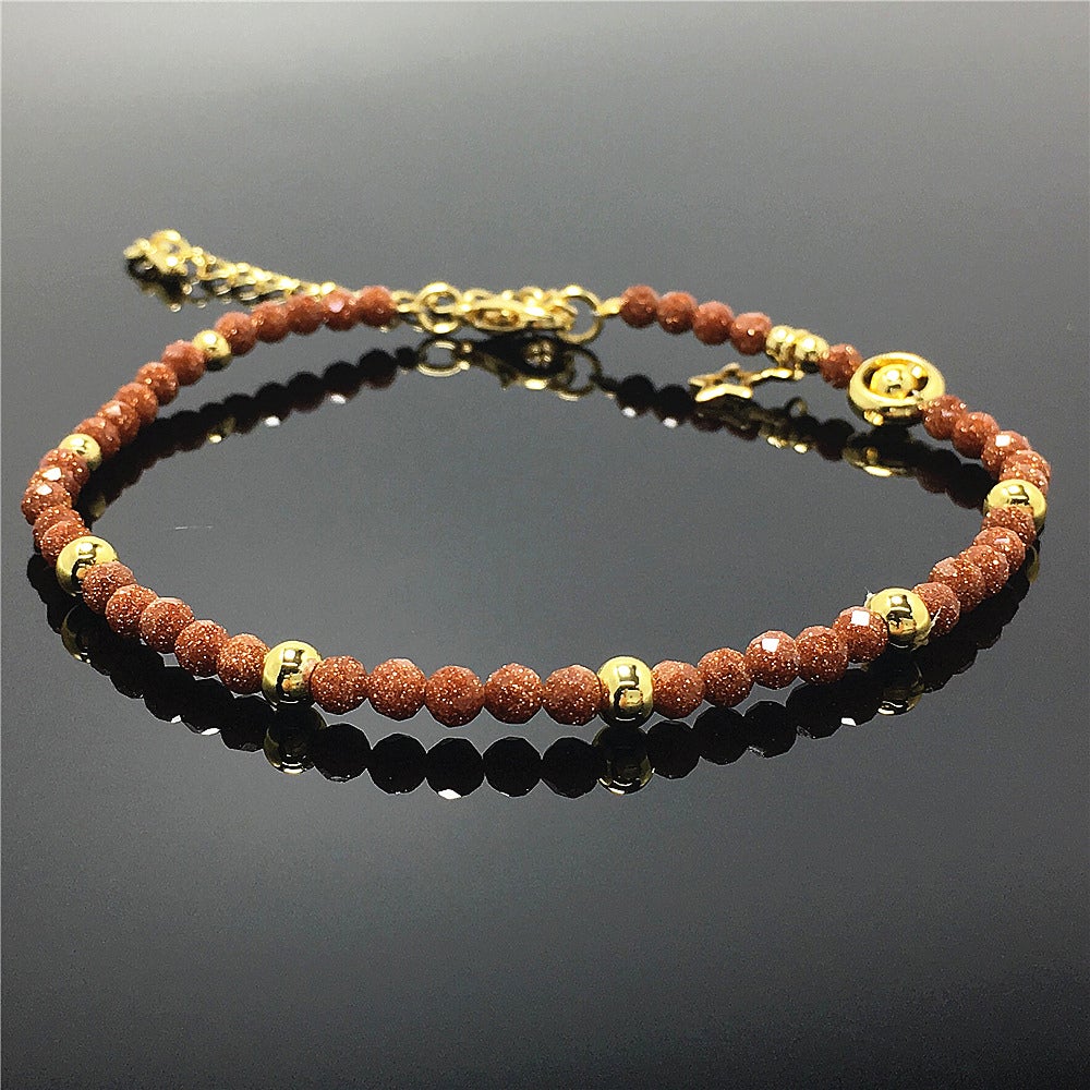 Gold Sandstone Gemstone Adjustable Tiny Beads Gemstone Bracelet with Love Heart Charm