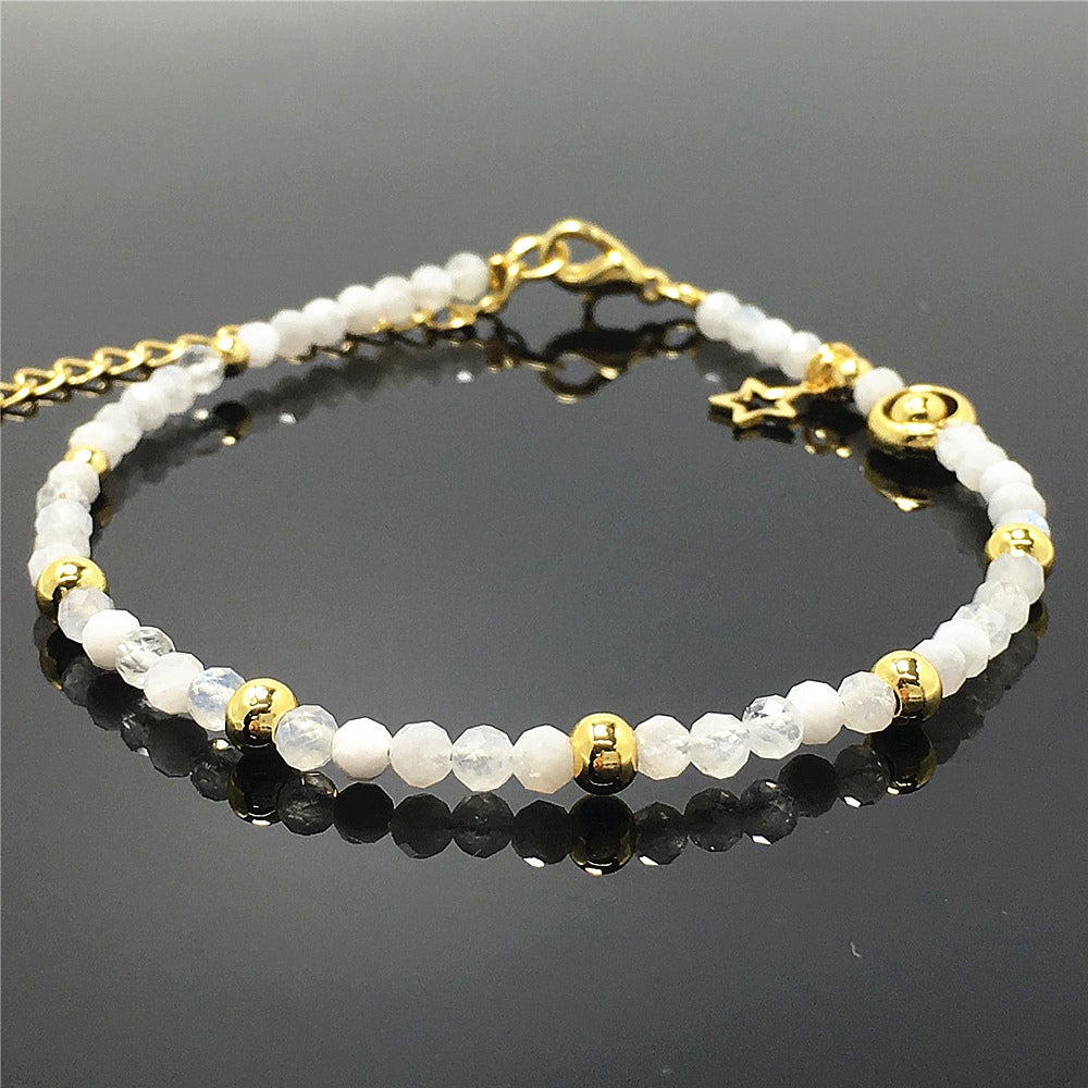 Moonstone Gemstone Adjustable Tiny Beads Gemstone Bracelet with Love Heart Charm