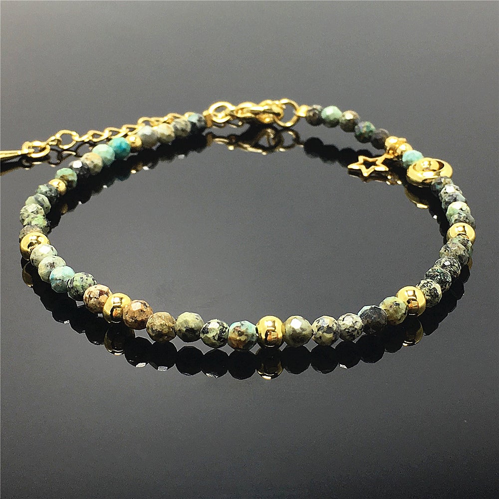 African Turquoise Gemstone Adjustable Tiny Beads Gemstone Bracelet with Love Heart Charm